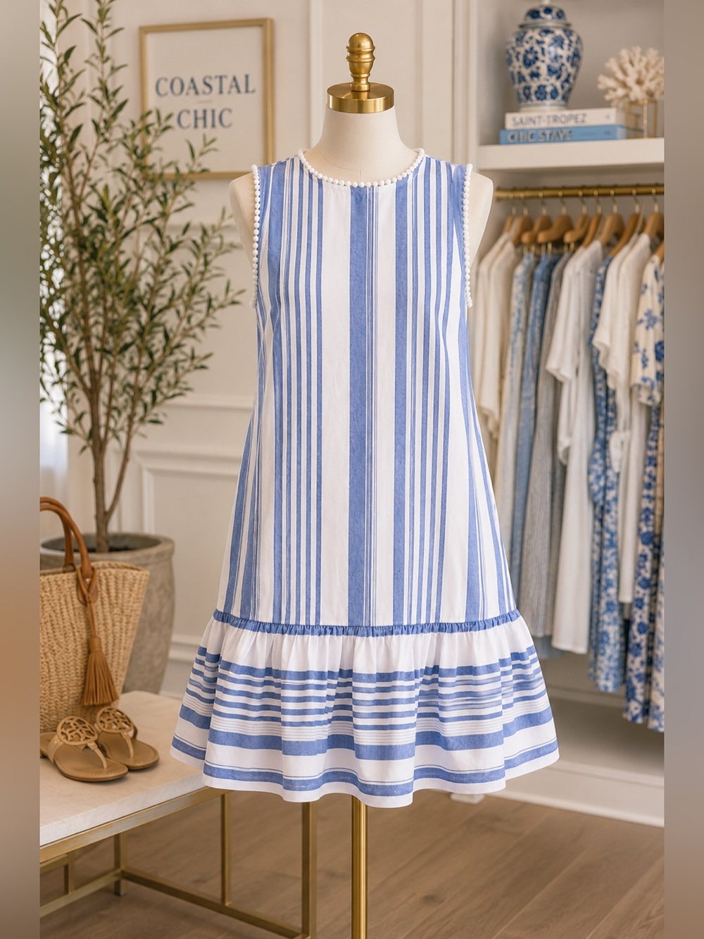 London Times Blue White Striped Cotton Mini Dress Pom Pom Coastal Size 10 - Picture 2 of 7